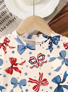 SHEIN 年轻女孩蝴蝶结印花圆领短袖休闲 T 恤 - 彩色 - 查看 4