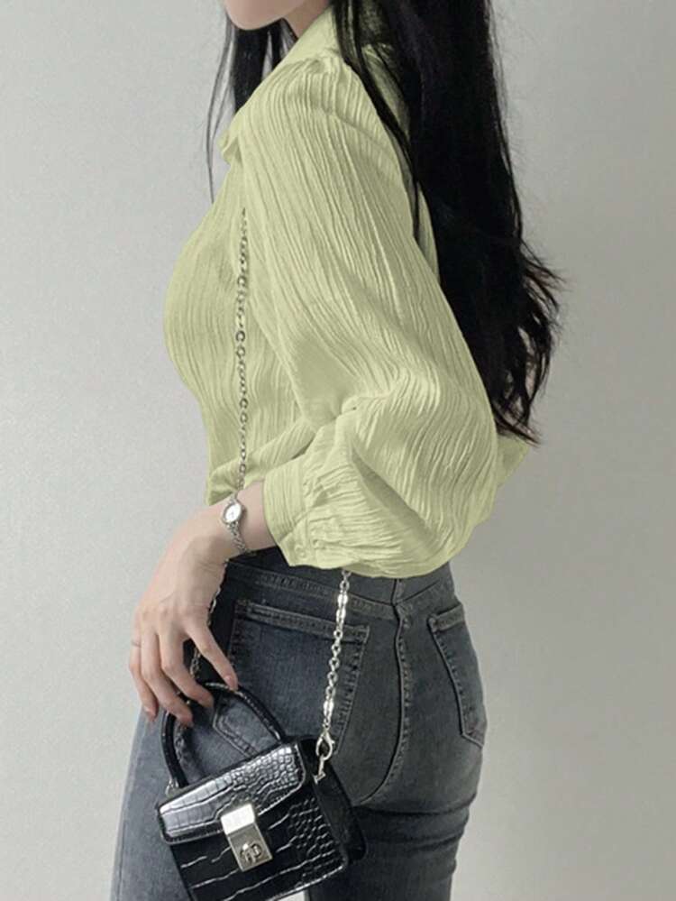 Women's Pleated Solid Color Loose Shirt With Turndown Collar, White, Spring/Summer/Autumn,Fall Women Clothes Long Sleeve Top