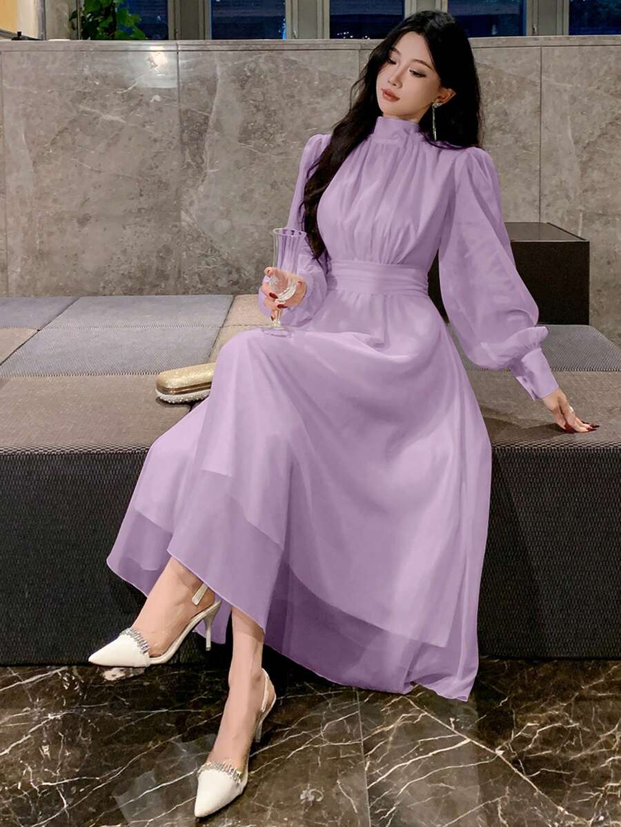 DAZY 女士派对/约会蝴蝶结宽松中长连衣裙舞会礼服优雅秋季连衣裙长袖连衣裙 - 淡紫色 - 查看 1