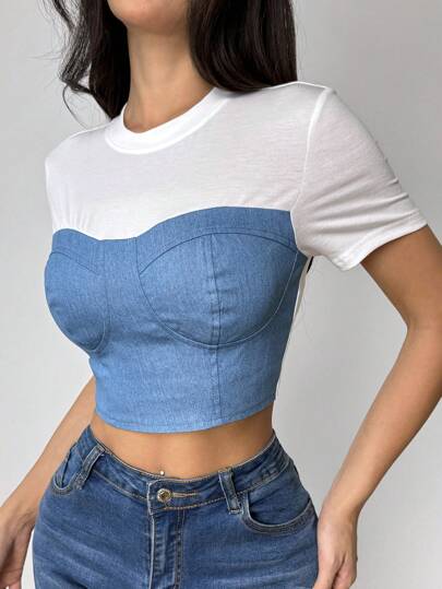 Chiquease Women's Fashion Casual High Waist Short Patchwork Denim Effect T-Shirt, Country Music Festival Chic, Summer