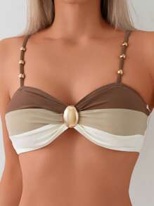 Swim Chiccia Set de 2 piezas Traje de baño para mujer madura, con parte superior de tres colores en patchwork, tirantes ajustables, decoración con cuentas metálicas y Bottom triangular regular con decoración de cuentas metálicas y nudo a la cintura.