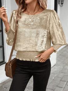 SHEIN LUNE 春季新款浪漫情人节花瓣袖收腰闪亮金珍珠优雅派对和办公室衬衫，金色上衣 - 金色 - 查看 8