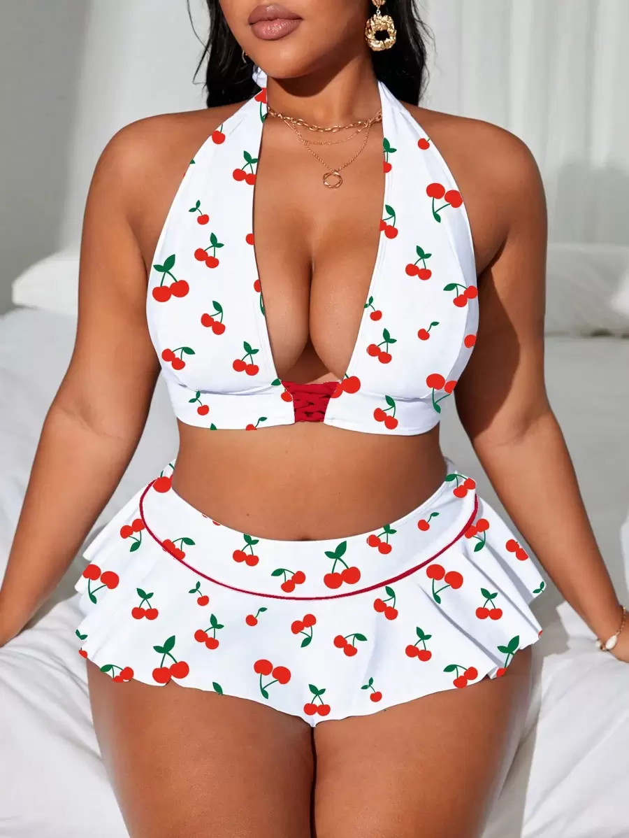 Swim Mod 大码樱桃印花比基尼套装，休闲度假风格 - 彩色 - 查看 1