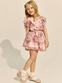 SHEIN Young Girls Elegant Pink Floral Woven Ruffle Hem Blouse / Double Layer Ruffle Hem Skirt Set, Spring/Summer - Multicolor - View 1