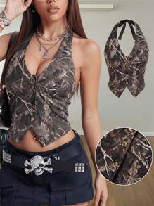 SHEIN EZwear 女士春夏街头休闲办公装树枝图案吊带背心 - 軍綠色 - 查看 5