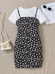 SHEIN Teen Girls White Knit Ribbed Splice Black Daisy Ditsy Floral Sleeveless 2 In 1 Dress, Suitable For Casual, Vacation And Outing