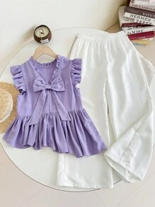 SHEIN Leap Crew 女童编织可爱不对称荷叶边刺绣蝴蝶结装饰衬衫和休闲优雅喇叭裤两件套，薰衣草色，适合春季外出、度假、花园茶会、休闲外出