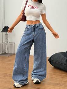 SHEIN Tall Women's Jeans Casual Fit Straight Trousers Blue Tall Women Baggy Low Rise Pants Summer For Spring - Medium Wash - View 5