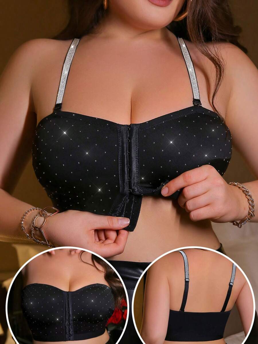 1pc Front-Opening Plus Size Wireless Bra, Rave - Black - View 1