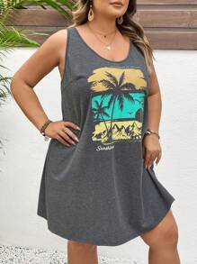 SHEIN CURVE+ Large Women's Minimalist Vacation Pattern Sleeveless Dress, Suitable For Spring/Summer Beach Holiday - Dark Grey - View 4