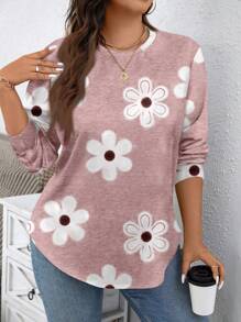 SHEIN LUNE Casual Minimalist Grey Floral Print Plus Size Crew Neck Loose Fit Sweatshirt, Suitable For Spring And Autumn - Multicolor - View 1