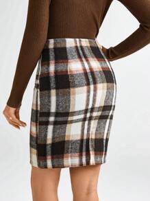SHEIN LUNE 女式格子高腰侧开衩铅笔裙 - 彩色 - 查看 4