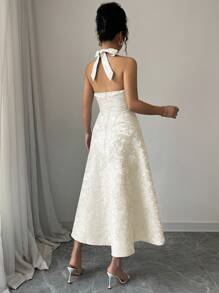 SHEIN Clasi 浪漫提花系带腰部喇叭下摆连衣裙 - 杏色 - 查看 2