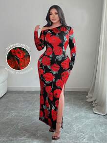 Flirla 大码女式优雅高弹力玫瑰印花不对称下摆开衩连衣裙 - 彩色 - 查看 1
