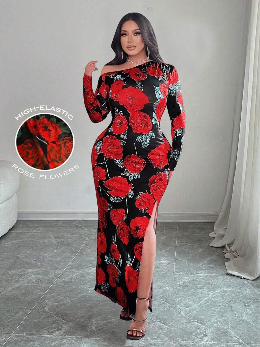 Flirla 大码女式优雅高弹力玫瑰印花不对称下摆开衩连衣裙 - 彩色 - 查看 1