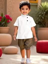 SHEIN Leap Crew Conjunto de 2 piezas de camisa de cuello con abertura en diagonal y pantalones cortos farol casual, cómodo, de moda, sencillo, práctico, versátil, suave y cómodo para niños pequeños