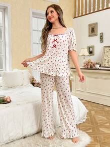 CottageSlumber CottageSlumber Lace Splicing Square Neck Puff Sleeve Ruffle Hem Pants Romantic Ditsy Floral Loose Pajama Set For Young Girls