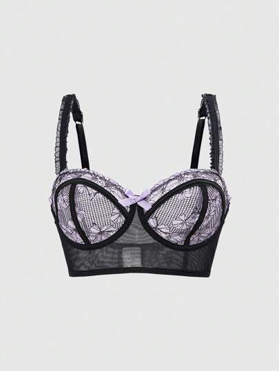 Fairycore Women's Sexy Contrast Lace & Mesh Splice Underwire Bra