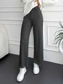 EURMUSE Cotton Solid Ribbed Knit Straight Leg Pants - Dark Grey - View 5