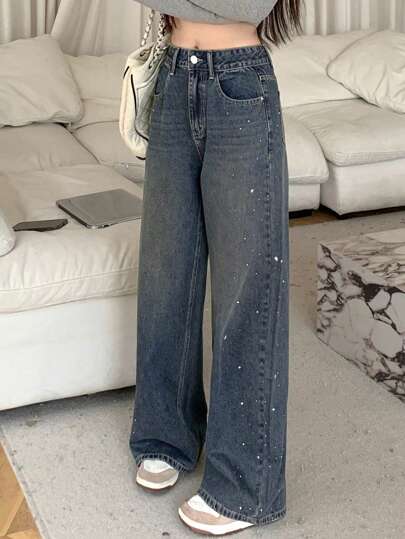 DAZY 女性用ポケット付きグリッター入りカジュアルルーズワイドレッグデニムジーンズ スパンコール