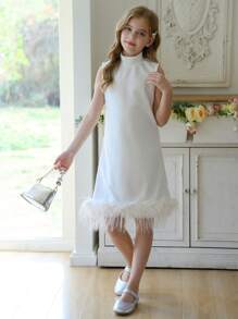 White Elegant Sweet High Neck Dress For Girls, Patchwork Fluffy Hem, Solid Color Simple Fitted Style - White - View 6
