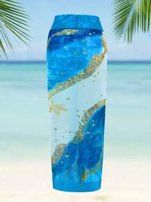 Swim Oasis 大码女式两件套随机印花系带抹胸连体泳衣配系带纱笼，时尚海滩度假泳装 - 彩色 - 查看 6