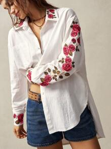 Bohemela Boho Woven Relaxed Asymmetrical Hem Long Sleeve Long Shirt For Women - White - View 2