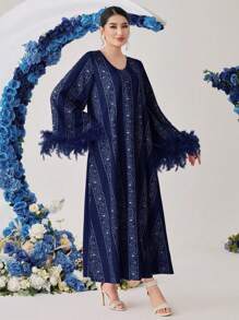 Al Najma Women's Pattern Patchwork Fluffy Cuff Loose Arabic Style Dress - Navy Blue - View 8