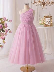 SHEIN Glamorique Kids Tween Girls Sleeveless Ruched Waist Long Dress, Elegant Design For Party, Wedding, Events