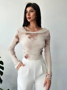 Firerie Elegant förenklat mode för kvinnor Charmigt romantiskt blommönster Sned axel volanger Tight långärmad skjorta, lämplig för datum, daglig pendling, höst/vinter/vår - Multifärgad - Visa 3