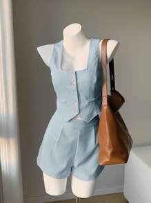 Comfortcana Women's Light Blue Cardigan & Shorts Suit Set - Dusty Blue - View 3