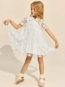 SHEIN Kleine Mädchen Elegantes weißes Mesh-Jacquard Kleid mit Kurzarm Kragen, Frühling/Sommer - Weiss - Übersicht 3
