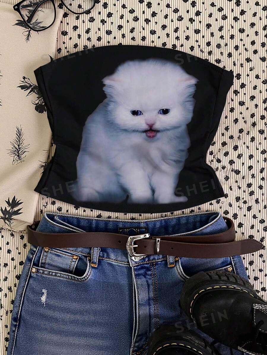 INAWLY Top bandeau ajustado, con estampado minimalista de gato tierno, en estilo callejero americano casual sexy Y2K para mujer