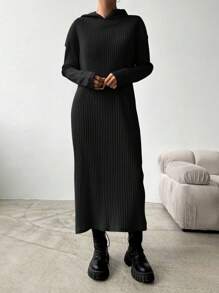 Cottnline Women's Ribbed Hooded Sweater Dress - Black - View 4