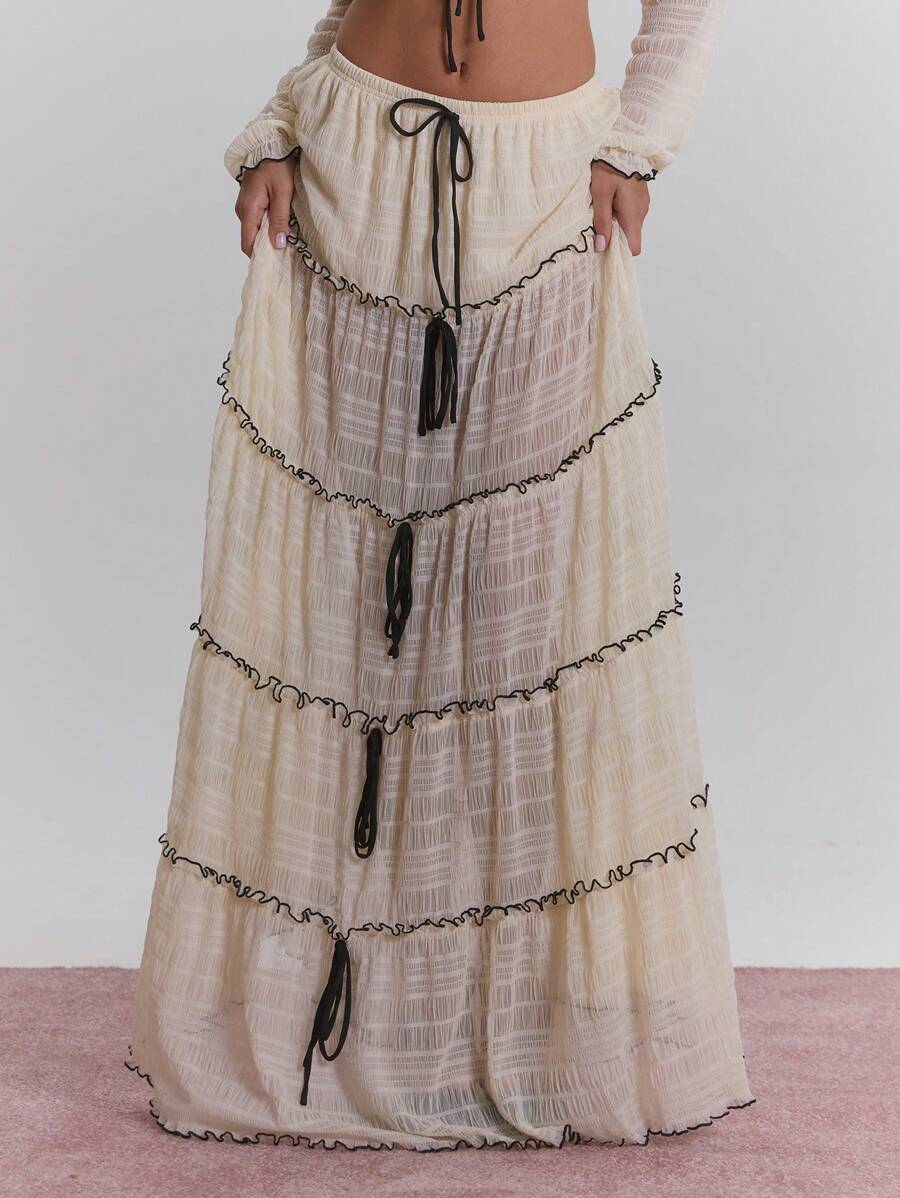 MUSERA 弹性层叠褶皱撞色系带长裙 夏季 田园度假 伊比沙岛 复活节 - 奶油色 - 查看 1