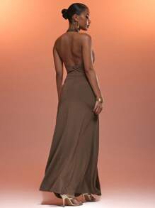 MUSERA Halter Neck Ruched Drape Detail Fitted Slinky Maxi Dress Sexy Ibiza Fits Spring Summer Vacation Beach Wedding Guest Holiday  New Year Thanksgiving   Winter - Khaki - View 3