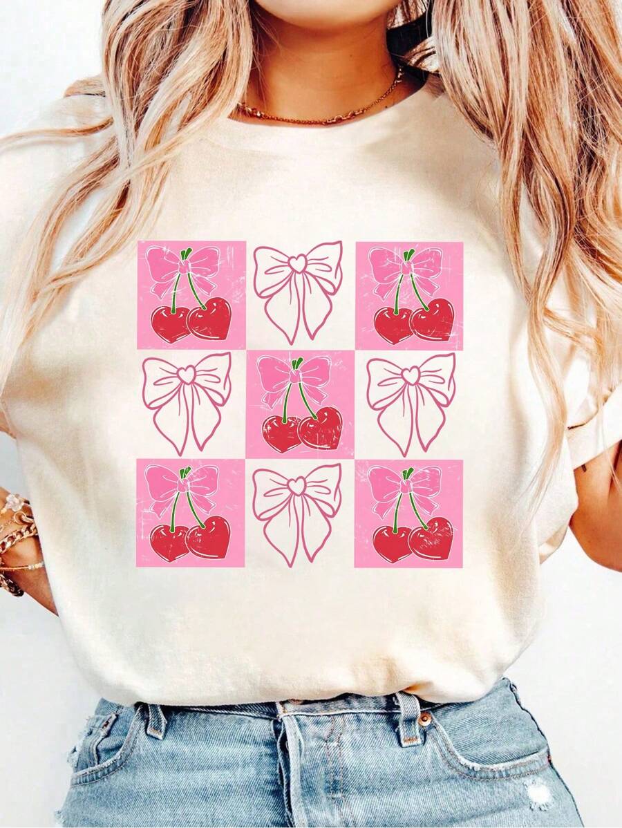 INAWLY 加大码樱桃印花花卉蝴蝶结设计，粉色情人节宽松图案圆领 T 恤女款 - 杏色 - 查看 1
