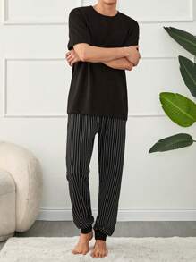 RueChic Men Stripe Printed Regular Shortsleeve Homewear Set - Grey - View 5