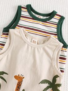 Cozy Pixies 4pcs Baby Boy Cartoon Animal Print Soft Knitted Crew Neck Sleeveless Tank Top & Elastic Waist Shorts Set