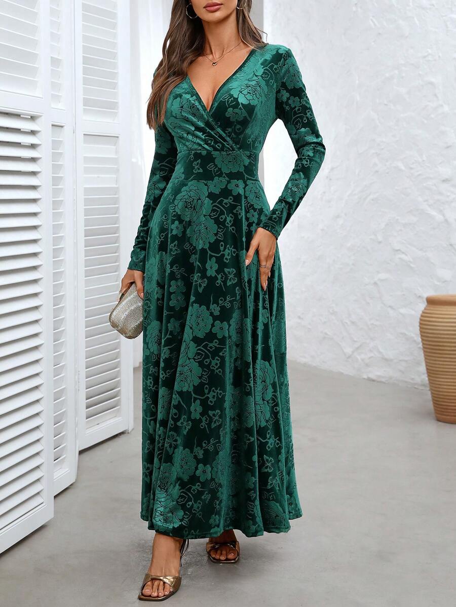 SHEIN Clasi Váy Maxi Ôm Eo Dài Jacquard Cổ Điển Mới Về 2025, Xuân/Thu - màu xanh lá - Xem 1