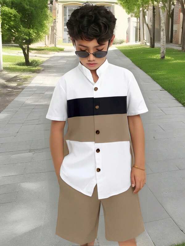 SHEIN Set de 2 piezas de camisa y pantalones cortos con diseño a bloques de color en estilo universitario para niño preadolescente