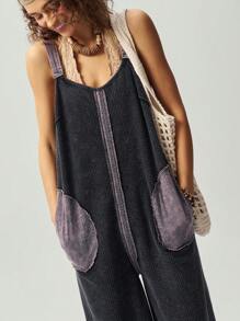 Bohemela 女式纯色针织宽松阔腿连体裤，度假风格 - 黑色 - 查看 2