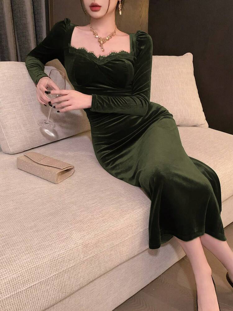 Tall Women's Elegant Long Sleeve Velvet Lace Patchwork Dress