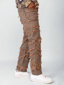 PAVTROS Manfinity Streetrush Men's Brown Denim Jeans With Fringe Patches & Horseshoe Graphic - Brown - View 4