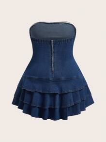 SHEIN EZwear 大码荷叶边下摆蝴蝶结点缀紧身牛仔连衣裙 - 藍色 - 查看 2
