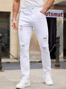 RivetRise Men's Distressed White Denim Jeans, Minimalist And Fashion, Suitable For Summer
