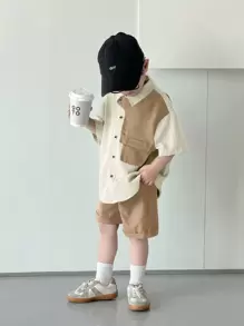SHEIN 2件套男童/女童休闲拼色翻领短袖开衫和松紧腰短裤套装 - 卡其色 - 查看 6