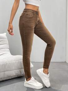 SHEIN Essnce Women's Slim Fit Casual Everyday Jean Pants With Pockets - Coffee Brown - View 5