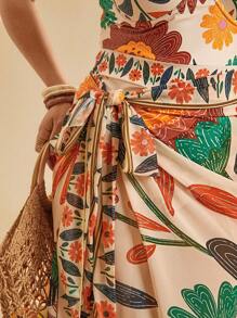 Travachic Plus Size Floral Print Spaghetti Strap One Piece Swimwear Set With Tied Bow Long Swimwear Cover Up For Women, Vacation Casual Beach Style Country Concert Outfit