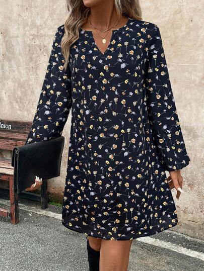 SHEIN LUNE Blommönster för kvinnor kort långärmad miniklänning